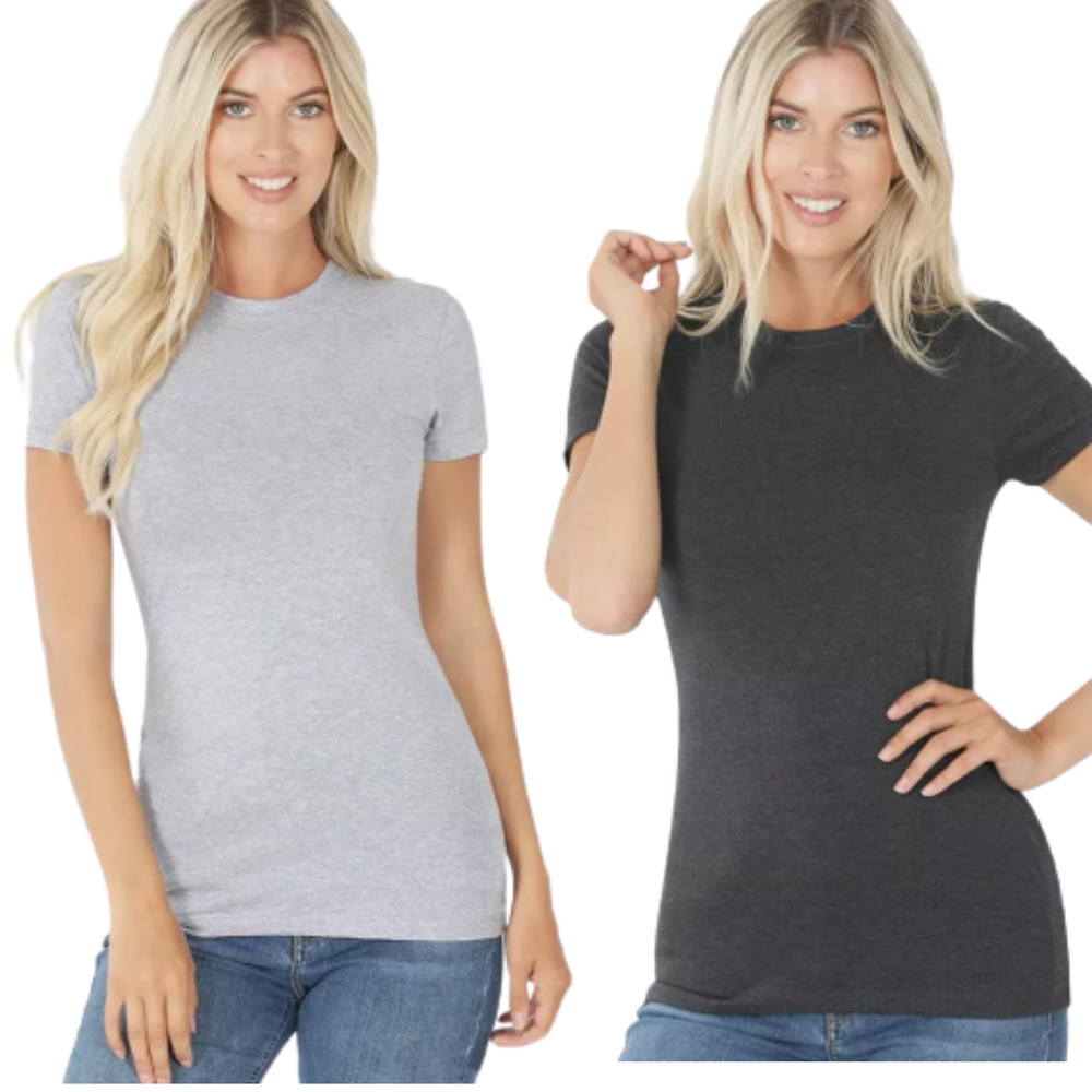 Lot of 2 Zenana Crew Neck Short Sleeve Shirt Basic Plain Solid Top Cotton Small